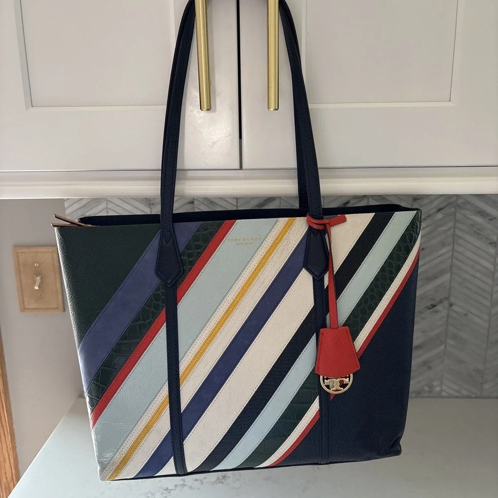 Tory Burch Perry Balloon Stripe Triple Compartment Tote Striped Multicolored